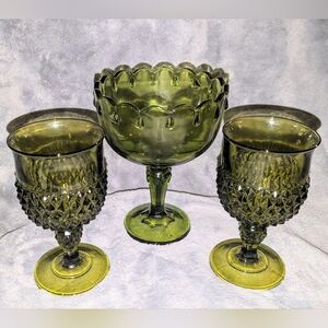 3 Pcs Green Indiana Glass- 2 Diamond Point Water Goblets & A Pedestal Dish- GUC!
